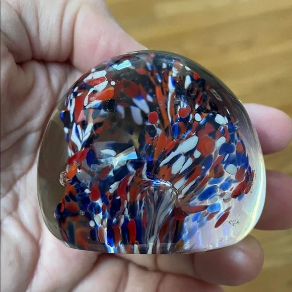 Abstract Glass Art Paperweight Sphere Dome- Red, Blue, and White flat bottom - Picture 6 of 12